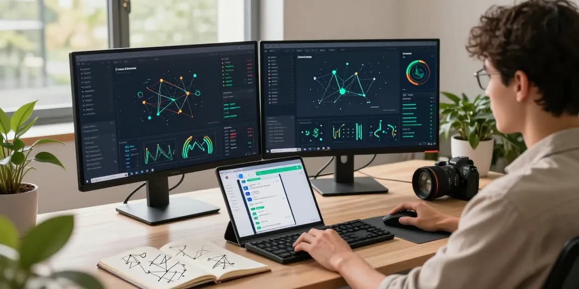 快连 application interface on dual monitors in a modern tech workspace, showcasing network optimization.