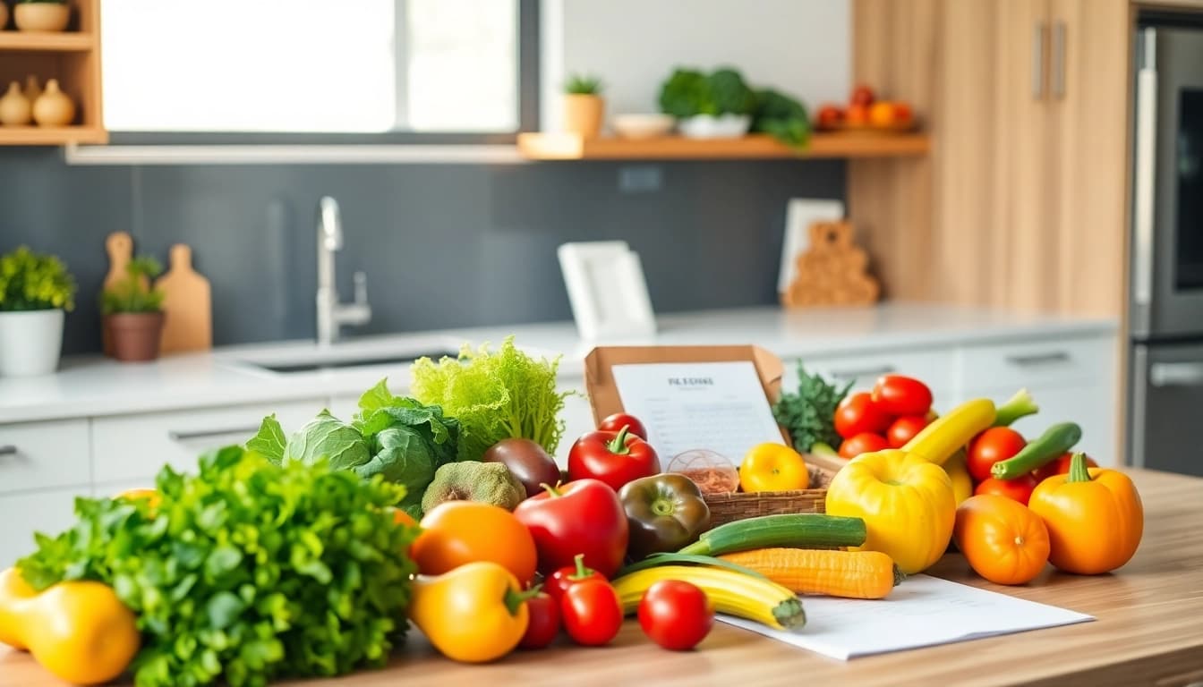 Visualize grocery savings while planning meals with fresh produce, a list, and bright kitchen light.