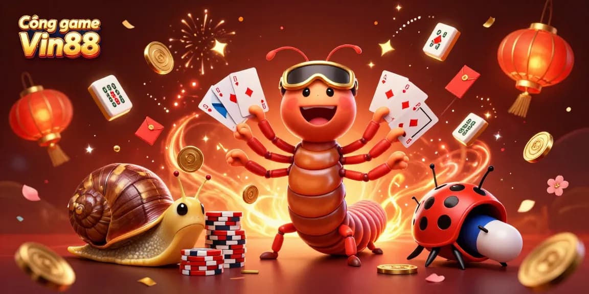 Cổng game Vin88 features a festive 3D cartoon millipede dealer with playing cards, highlighting thrilling casino games.