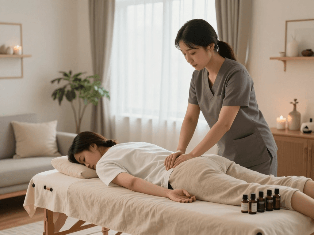 Professional 서울출장마사지 session in a cozy home setting with a therapist and essential oils.