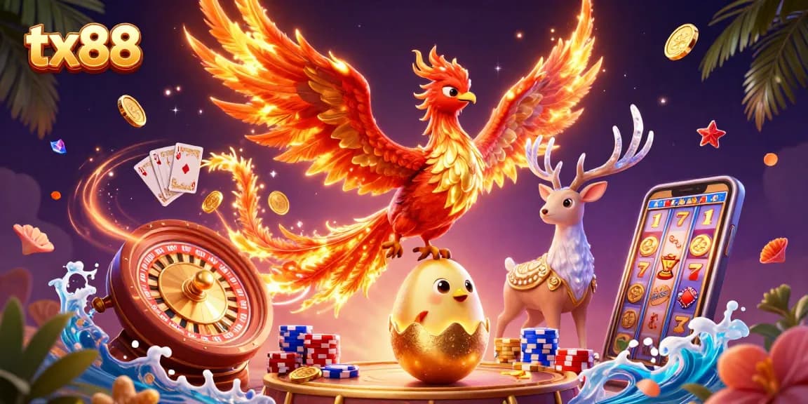 Experience the thrill of winnings with tx88's vibrant casino atmosphere, highlighted by a majestic phoenix and cascading rewards.