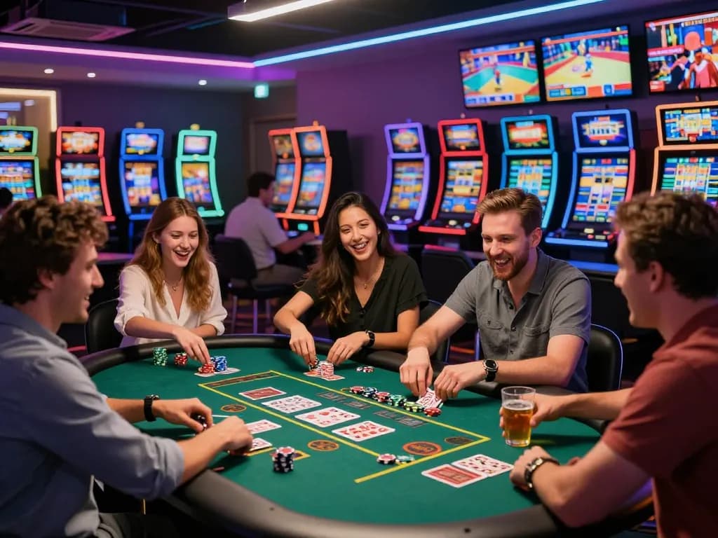 Friends enjoying exciting games at MM88 casino, vibrant gaming lounge atmosphere with poker chips and drinks.