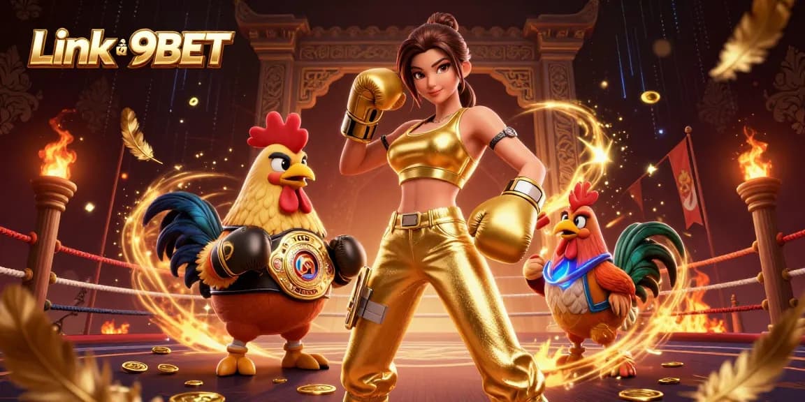 Experience the energy of Link và 9BET with a powerful scene featuring a champion woman and a rooster, capturing the essence of competitive gambling.