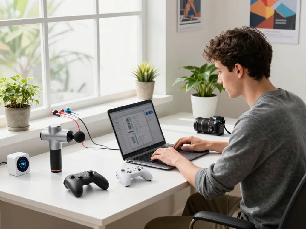 Innovative tech gadgets displayed in a modern workspace with Bluetooth devices and natural lighting.