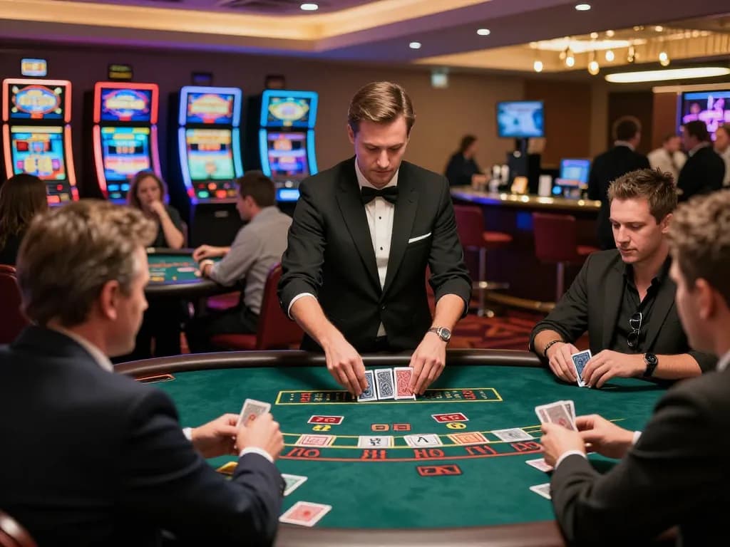 Lu 88 players engaging in an exciting blackjack game at a vibrant casino, showcasing strategy and luxury.