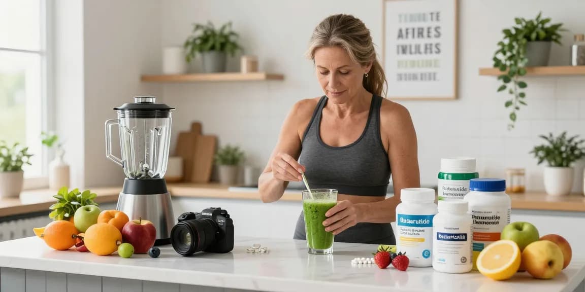 Young individual preparing a healthy smoothie with Peptides for sale on kitchen counter, showcasing vibrant ingredients and wellness atmosphere.