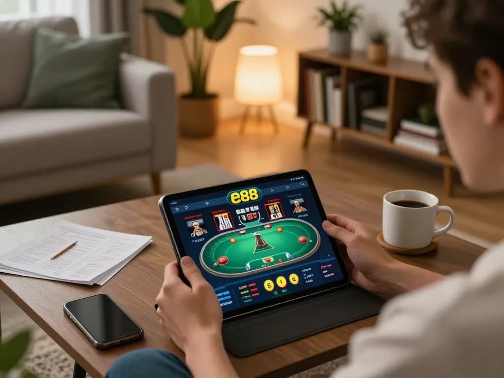 Engaging in online poker on the ee88 app at home, showcasing a cozy and strategic gaming environment