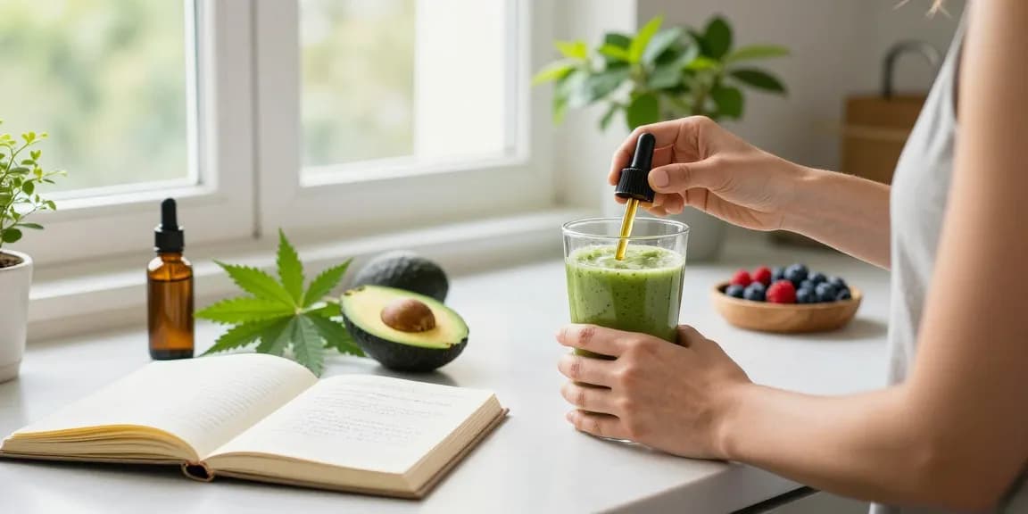 Ministry seeds in a wellness routine with CBD oil, fresh ingredients, and natural lighting.