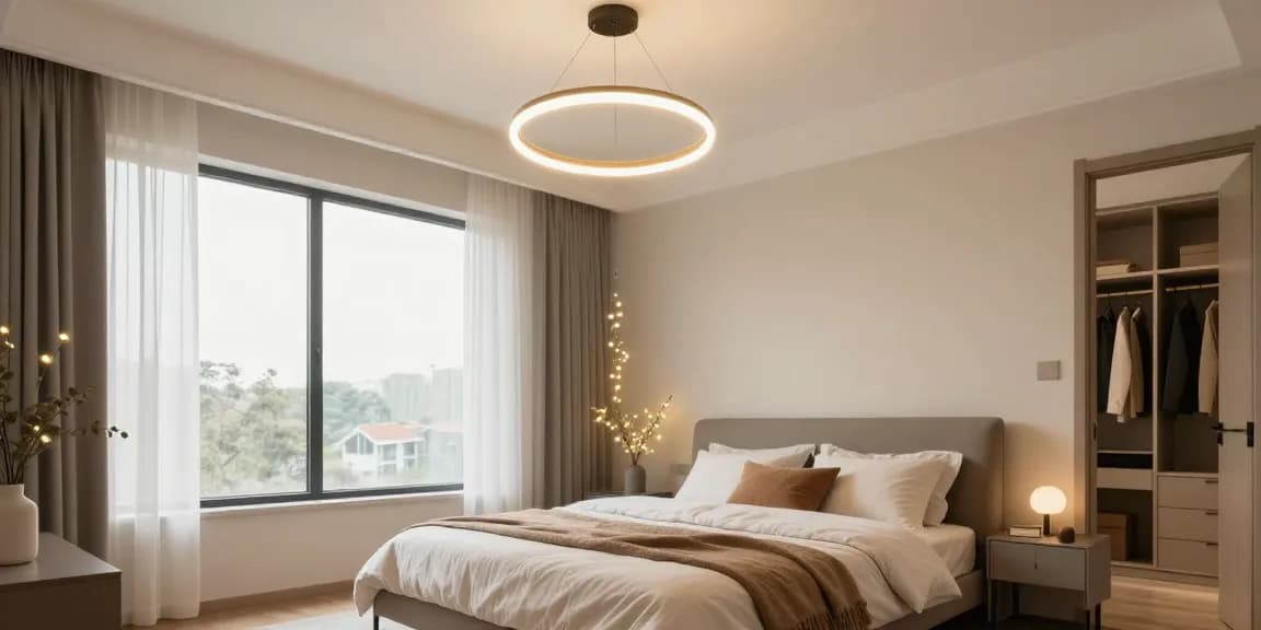 Candelabru dormitor elegant, iluminând atmosfera unei camere moderne cu decor rafinat.