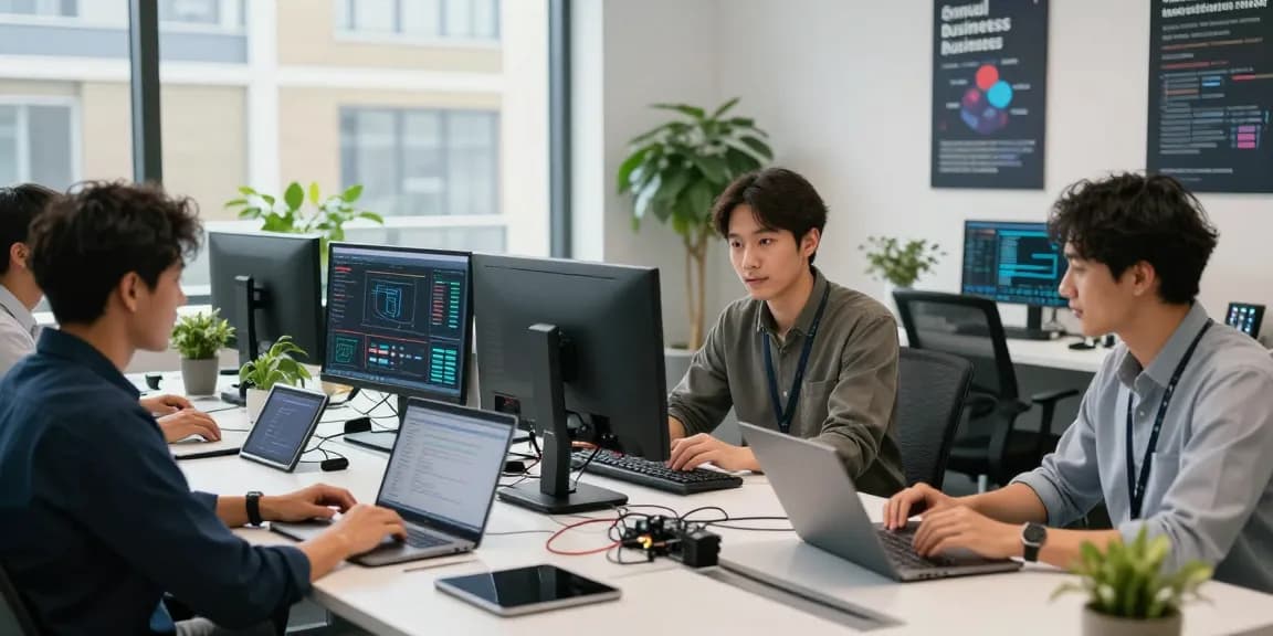 IT support for small business London team collaborating over devices, showcasing dynamic workspace.