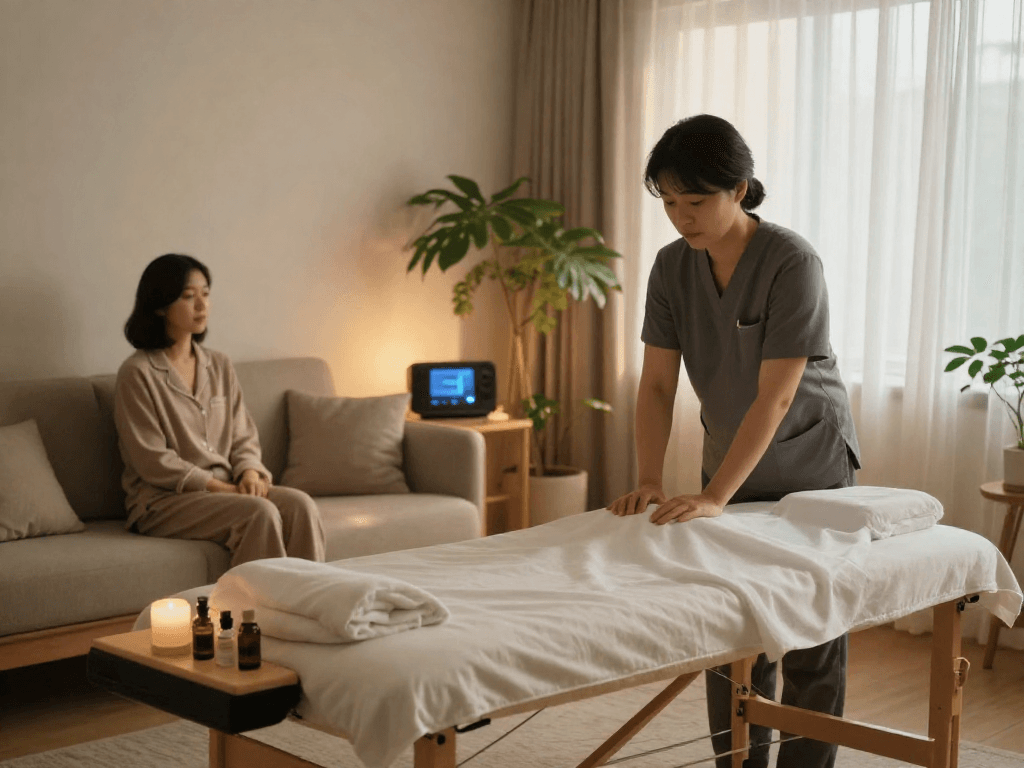 Experience a soothing 김포출장안마 in a serene home setting with a professional therapist preparing for a calming massage session.