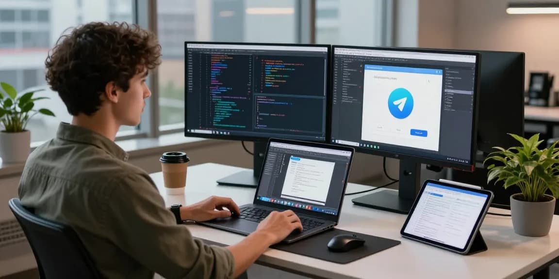 Telegram download workspace with developer coding on a modern setup.