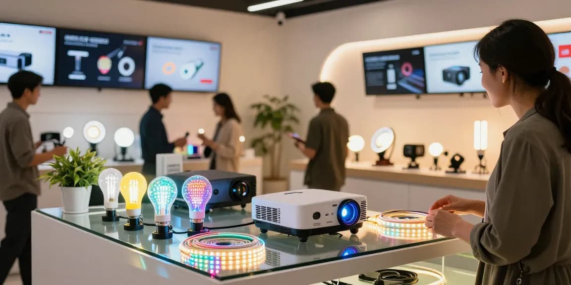 Proiector led de calitate superioară expus într-un magazin modern, luminându-se alături de alte soluții LED.