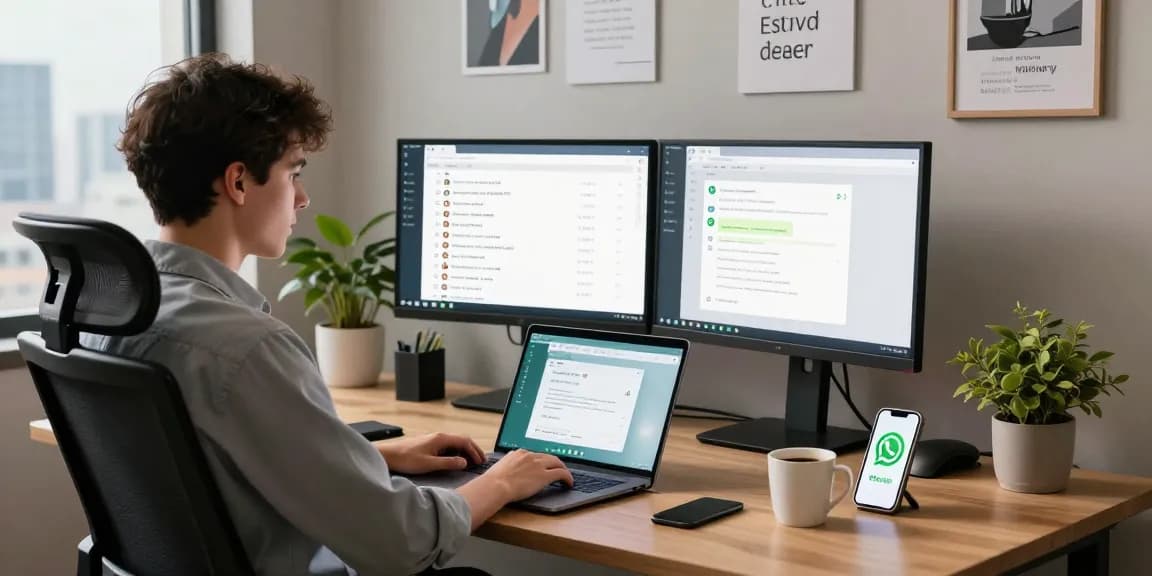 Using WhatsApp網頁版 on a sleek laptop in a modern workspace.