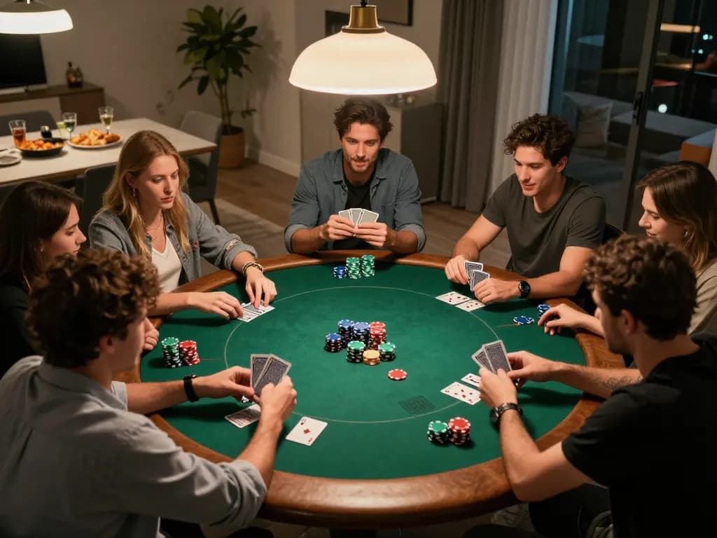 Friends enjoying a poker game at home, showcasing a lively atmosphere at 79KING nhà cái.