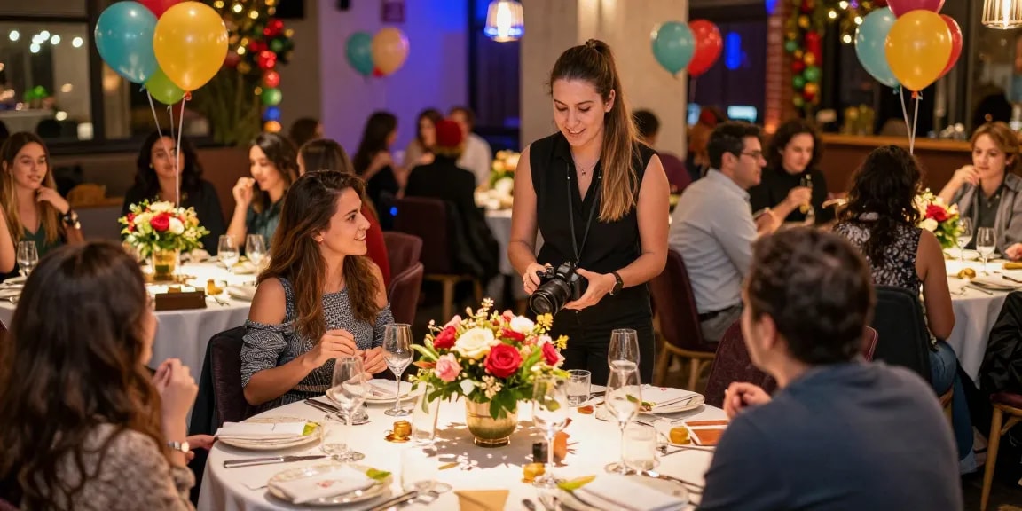party planner near me coordinating a vibrant event space with festive decorations and joyful atmosphere