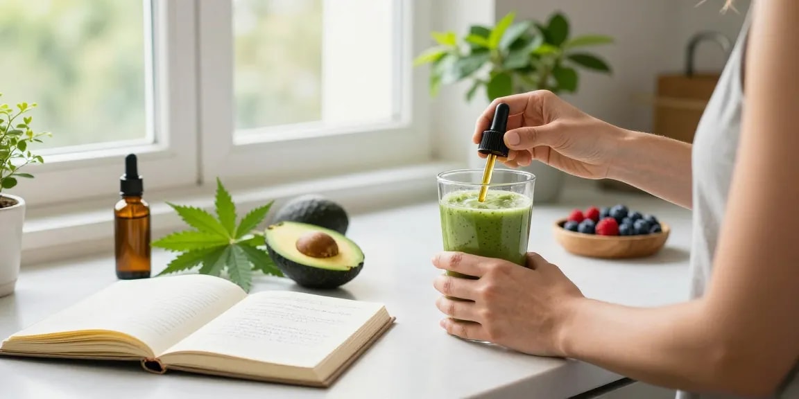 Ministry seeds in a wellness routine with CBD oil, fresh ingredients, and natural lighting.