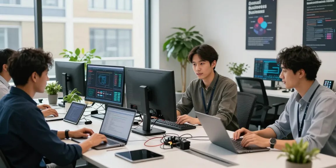 IT support for small business London team collaborating over devices, showcasing dynamic workspace.