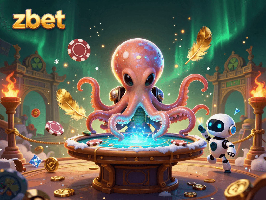 Zbet's alien octopus navigates a vibrant poker universe filled with dynamic casino elements.