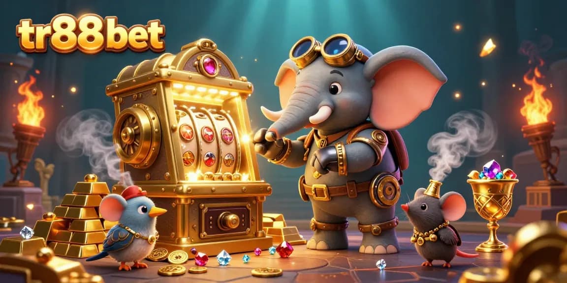 Experience thrilling games at tr88 bet with steampunk characters revealing treasure in a vibrant casino illustration.