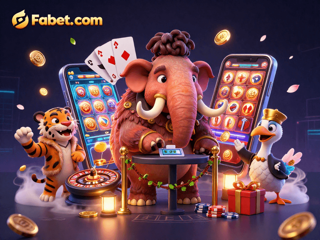Experience the dynamic casino world of Fabet. com with colorful characters guarding the entrance and vibrant gaming elements.