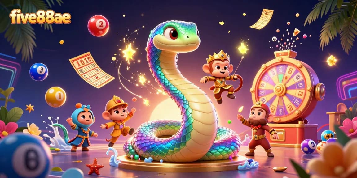 Engage with the vibrant fun of five88ae featuring colorful lottery elements and animated characters in a lively casino scene.