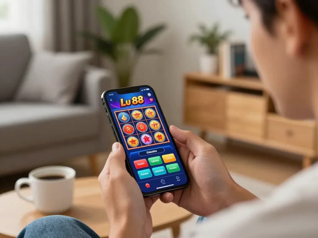 Playing exciting Lu 88 slots on a smartphone in a cozy living room setting