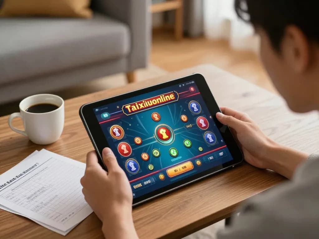 Engaged player enjoying taixiuonline on tablet in cozy home setup.