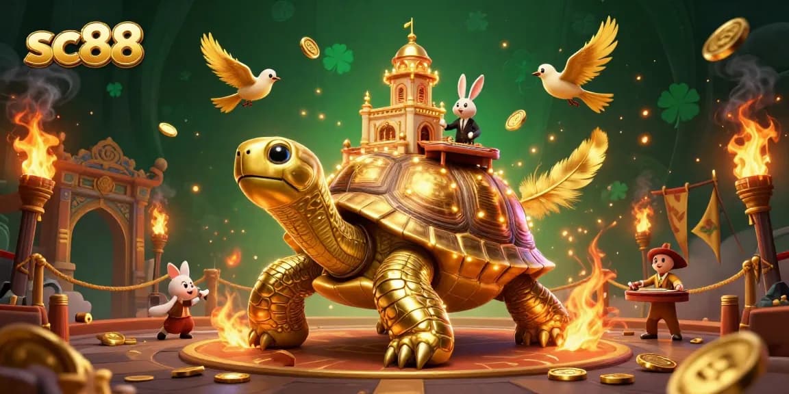 Experience the excitement at sc88 with a giant golden tortoise carrying a casino, filled with coins and games.