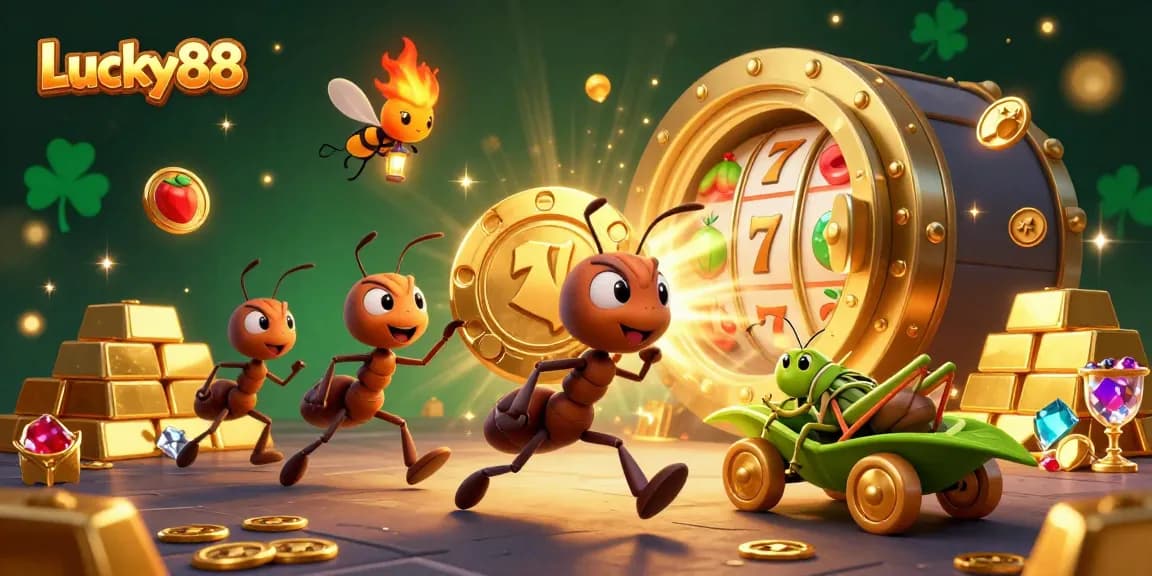Experience Lucky88 with a dynamic 3D illustration of playful ants navigating a heist amidst rich casino elements.
