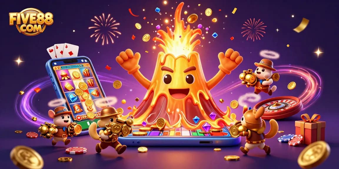 Experience excitement and winning with FIVE88 COM’s dynamic casino scene featuring a golden volcano and treasures.