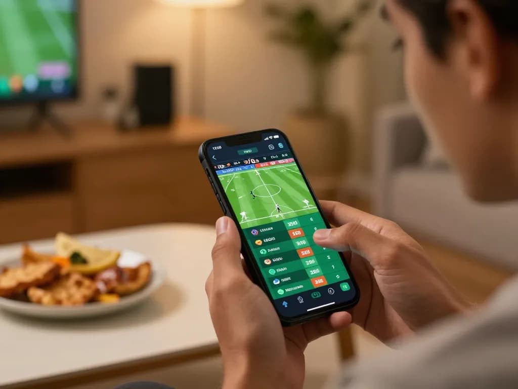 Engaging in sports betting on the uu 88 app, showcasing excitement and strategy in a cozy home.