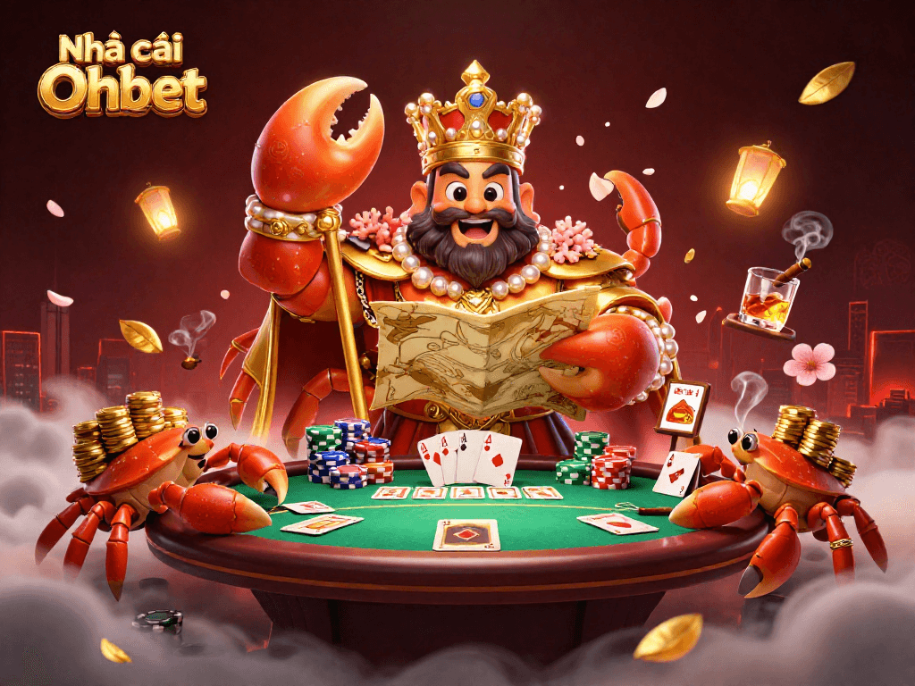 Experience the excitement of Nhà cái Oxbet with a lively gambling illustration featuring a golden crab emperor and poker elements.