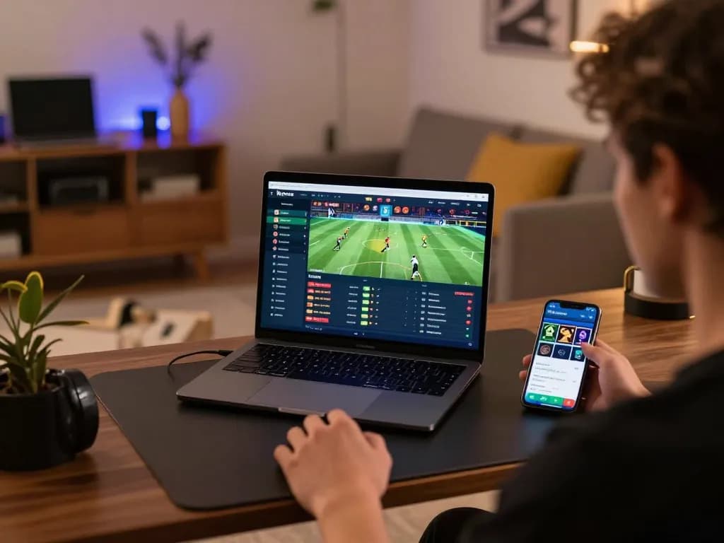 Person engaging in sports betting on keonhacai website, home setup with laptop and smartphone, emphasizing responsible gaming