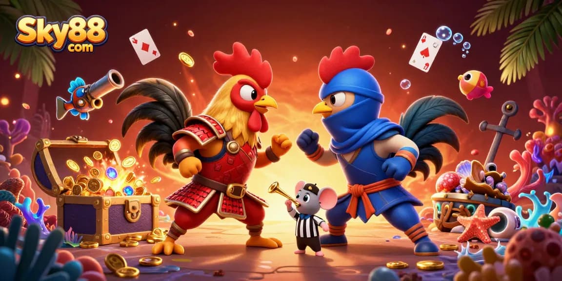 Engage with thrilling challenges at Sky88 sa com, witnessing a dramatic rooster duel amidst gems and golden treasures.