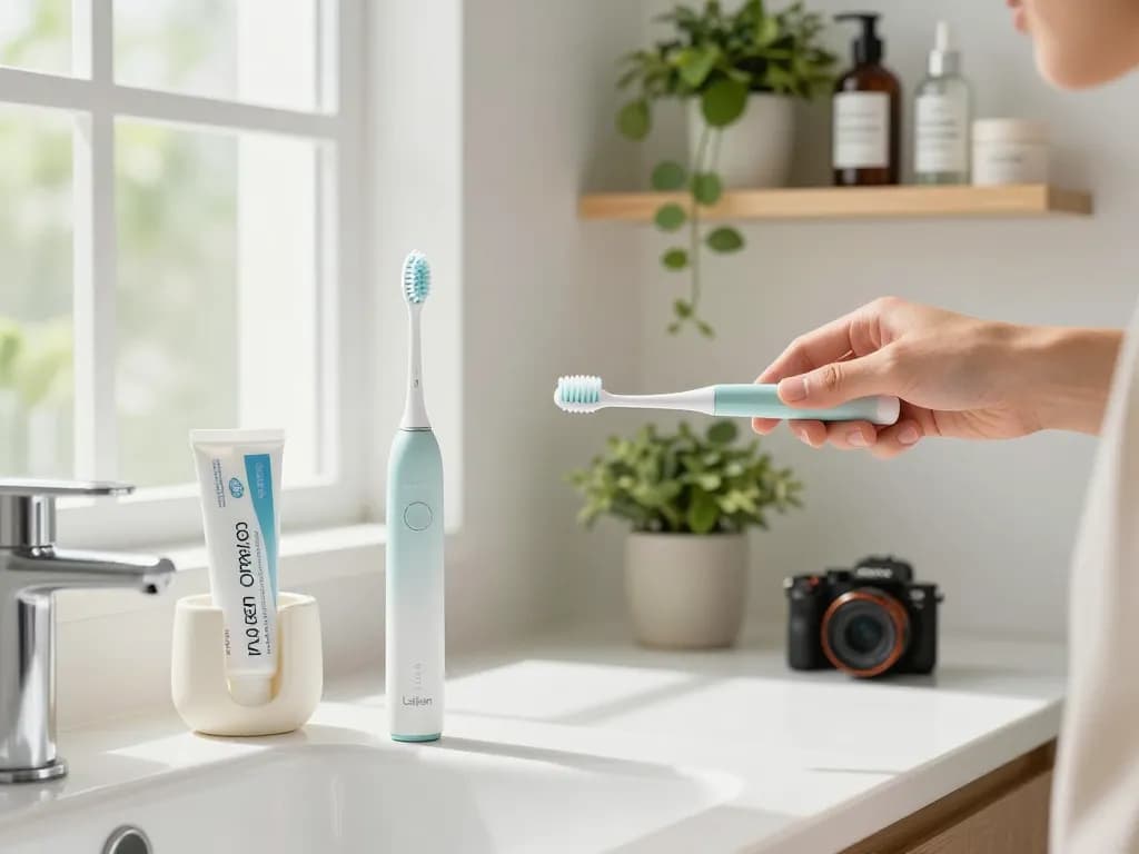 Brushing with the Laifen electric toothbrush in a bright bathroom, showcasing its sleek design and advanced features.
