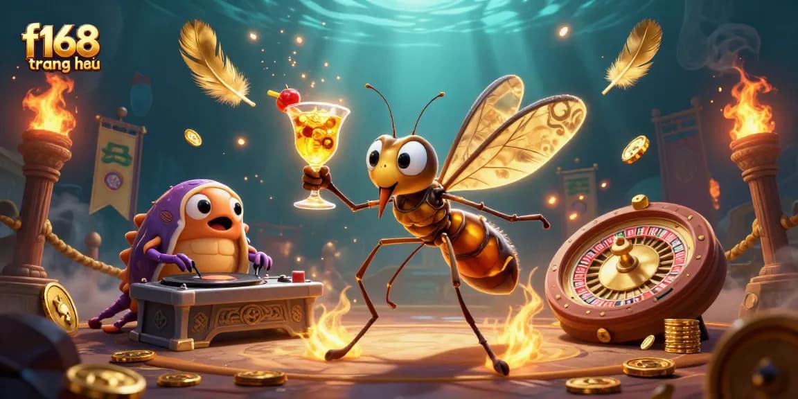 F168 trang chủ is illustrated with a lively 3D scene featuring a unique mosquito casino mascot and a trilobite DJ.