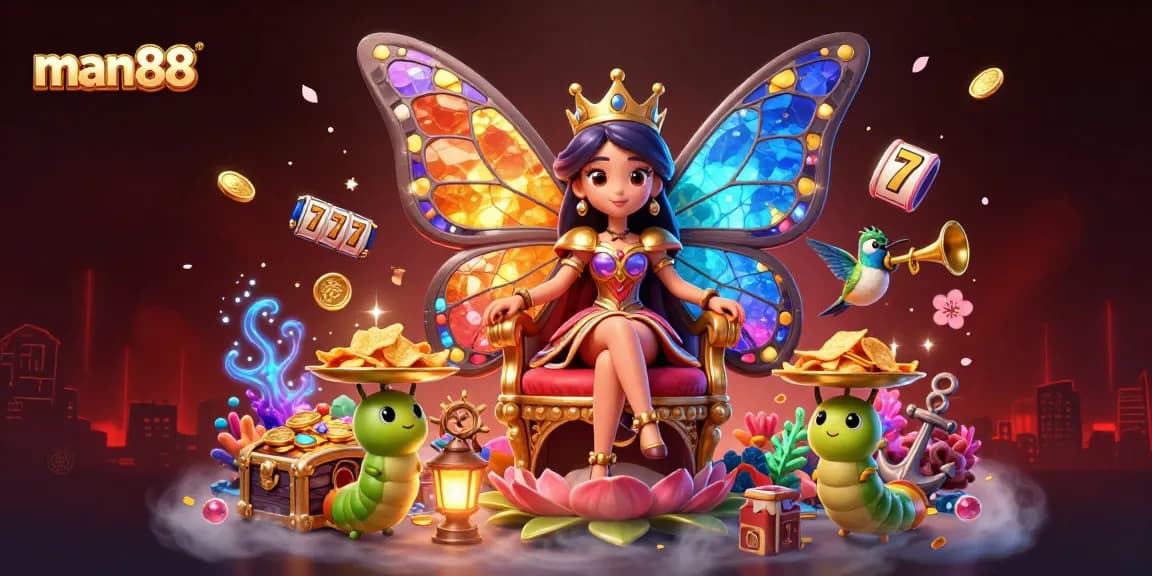 Engage with man88's thrilling casino adventure featuring a butterfly queen amidst treasures and playful gaming elements.