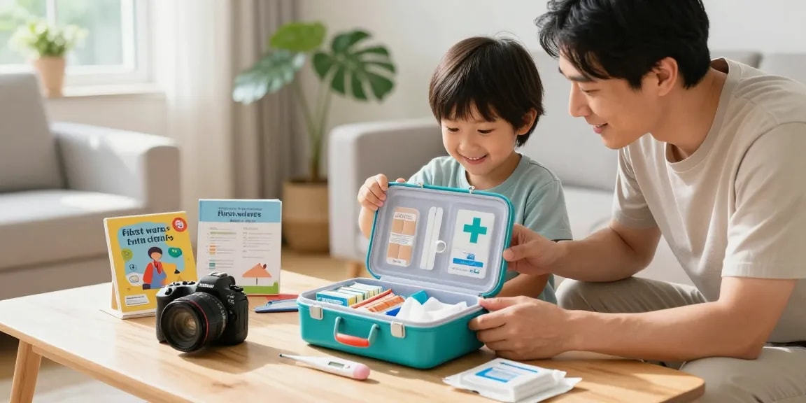 Parent and child engaging with a well-stocked first aid box at home, promoting safety awareness.