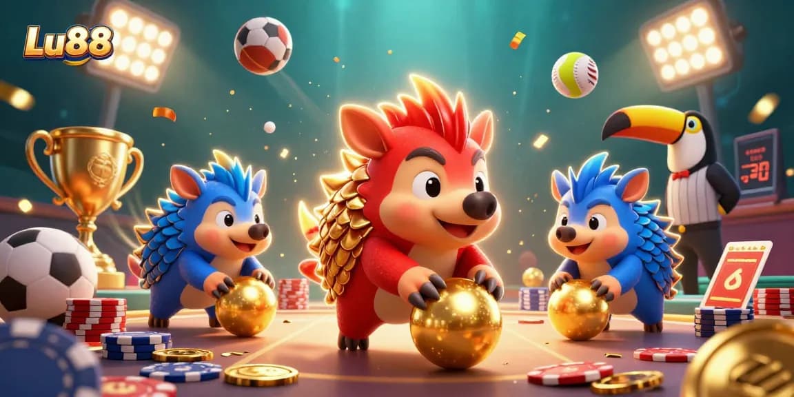 Engage with Lu88's thrilling gambling action featuring lively pangolins, poker chips, and sports elements.