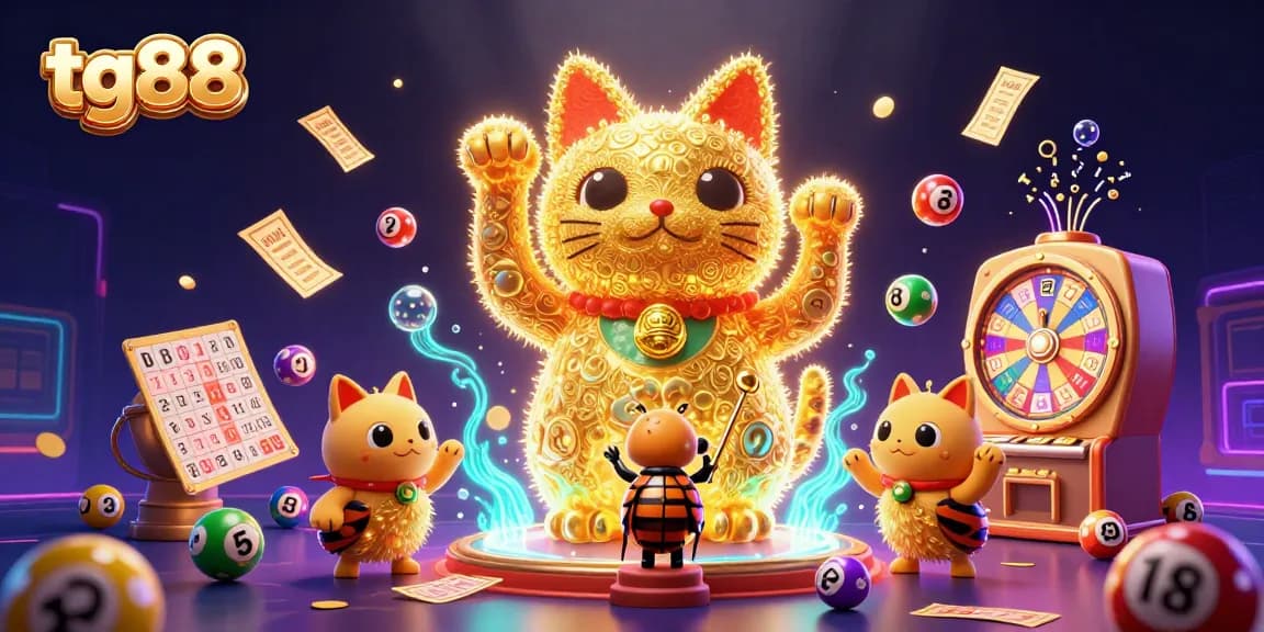 Engage in thrilling gameplay with tg88 in a vibrant casino scene featuring a lucky cat, colorful elements, and dynamic interactions.