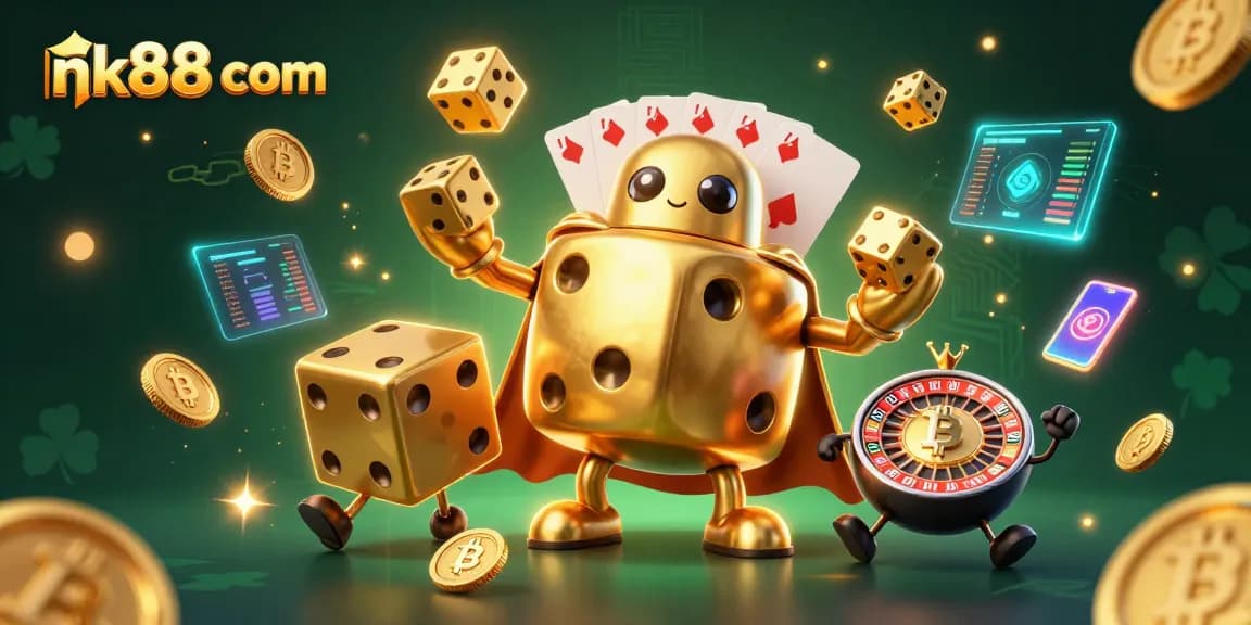 Engage with nk88 com's vibrant and dynamic gaming world, featuring a playful dice golem and crypto elements.