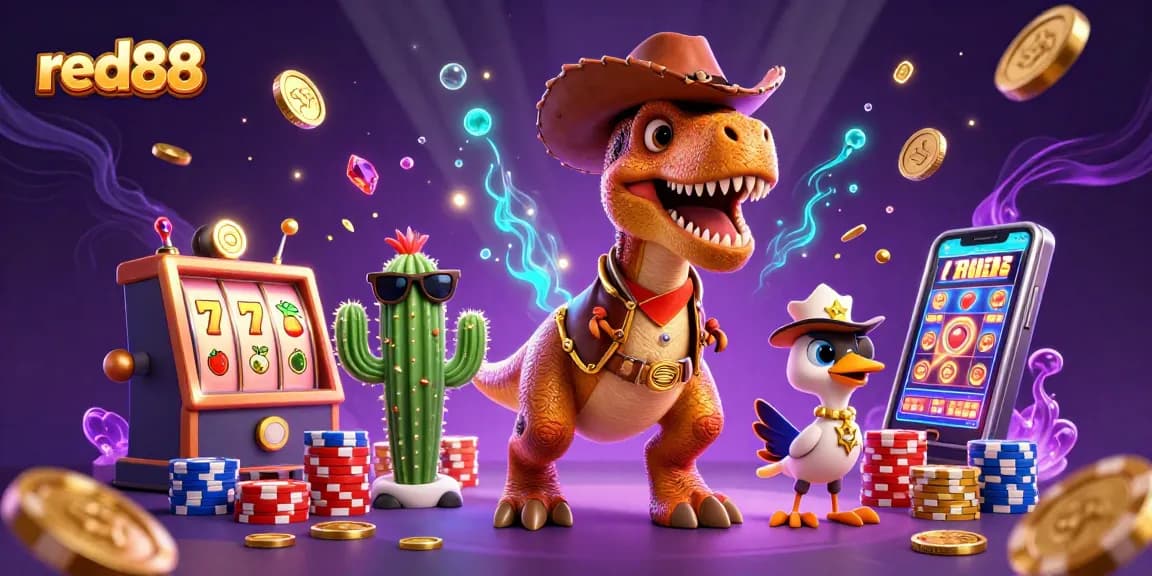 Experience red88 thrills with a vibrant casino scene featuring cartoon characters, slot machines, and dynamic gameplay.