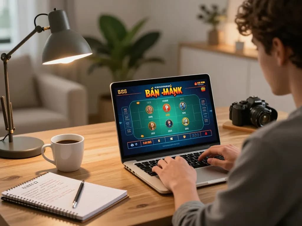 Engaged player enjoying game bài đổi thưởng on laptop in cozy home office, surrounded by strategy notes.