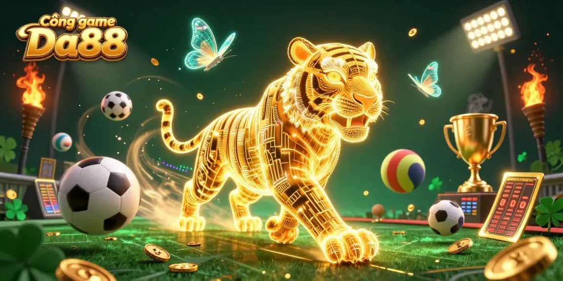 Cổng game Da88 features a golden tiger and sports elements dynamically filling a vibrant casino scene.