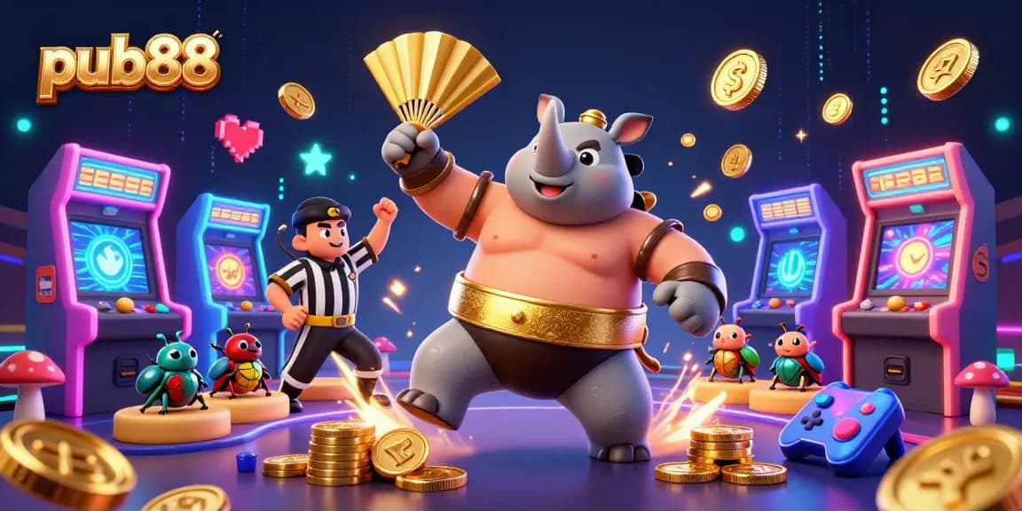 Experience thrilling wins at pub88 with a dynamic 3D illustration capturing the excitement of online casino gaming.