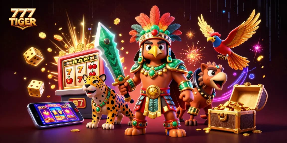 Experience jackpots at 777TIGER with Aztec warriors amidst coins and vibrant casino elements.