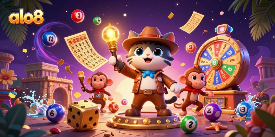 Join alo8's thrilling adventure, featuring a cat archeologist and artifacts amidst vibrant casino elements.