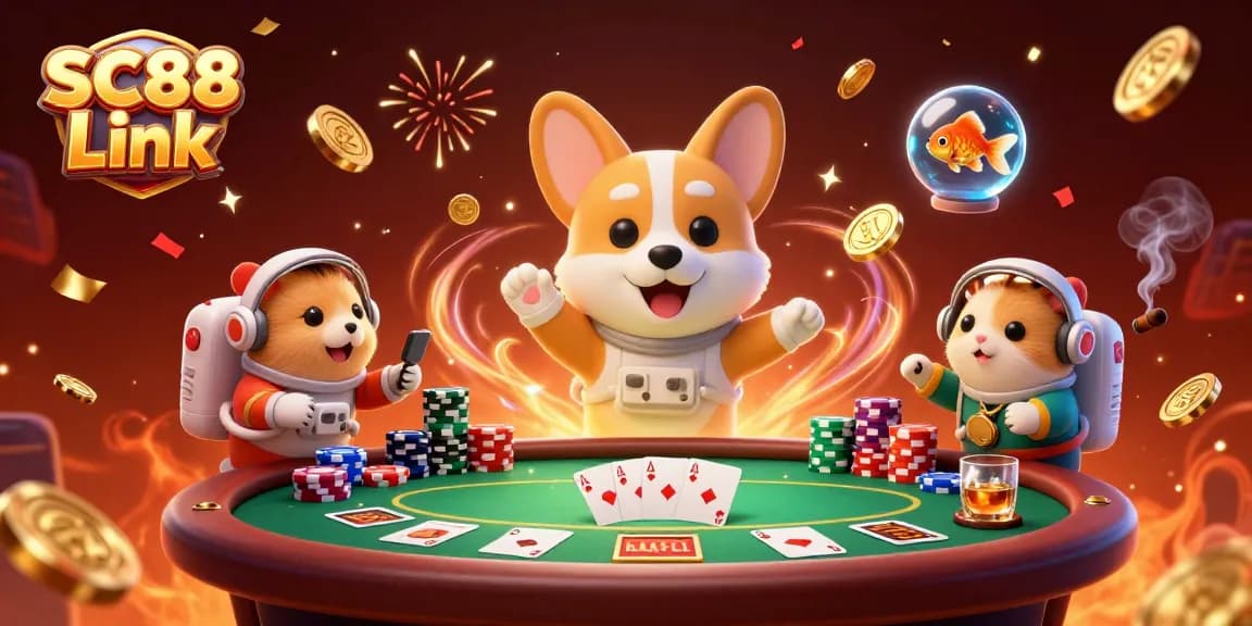 Experience the thrill of SC88 Link in a vibrant space casino scene with a playful astronaut corgi.