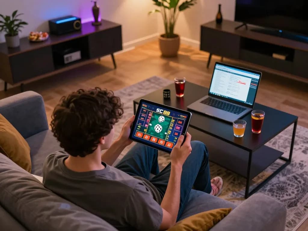 Engaging online gaming session with SC 88 mobile app displayed, showcasing a cozy home environment for gambling